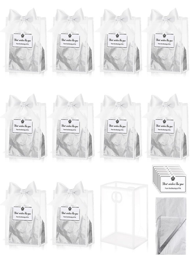 Tenare 12 Pack 4×2.8×4.5 Inch Mini Clear Plastic Gift Bags with Handles Valentines Extra Small Transparent Party Favor Bags Bulk with Ribbon Tissue Paper for Wedding Party Supplies(White) - Image 1